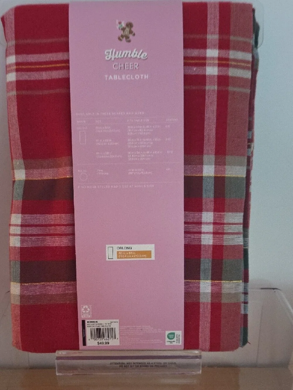 St. Nicholas Square NWT Red and Green Plaid Tablecloth, oblong 60x84in.